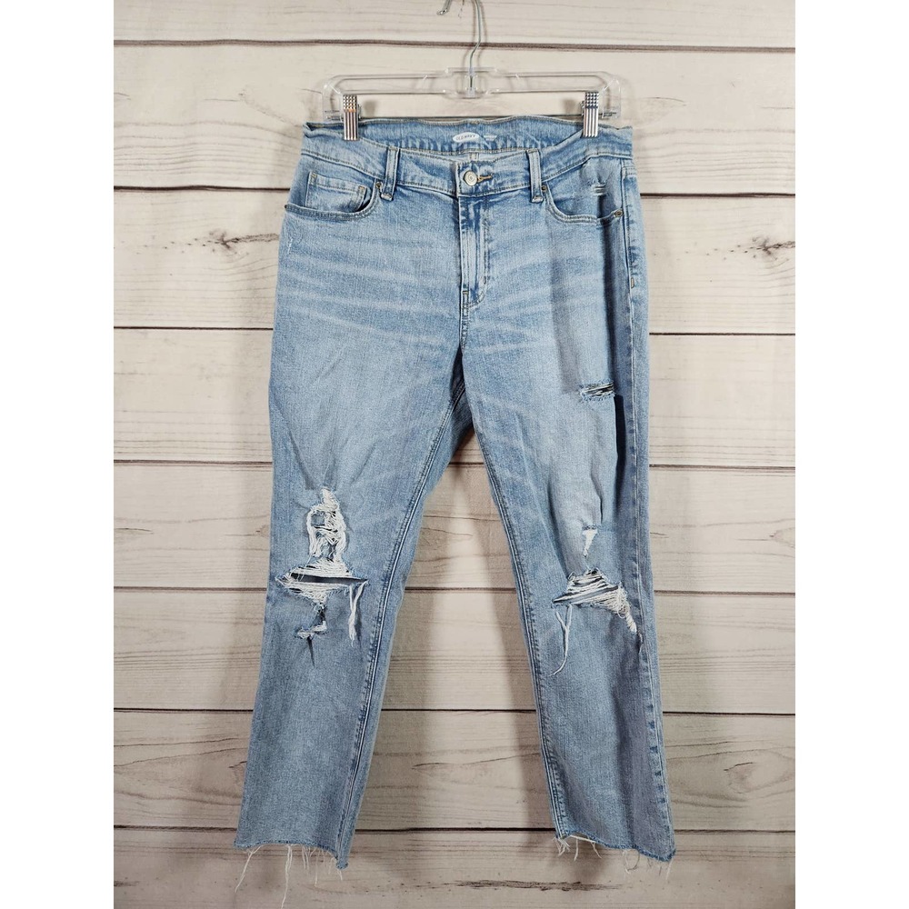Old Navy Women's Blue Solid Stretch Distressed Mid‎ Rise Boyfriend Jeans Size 6
